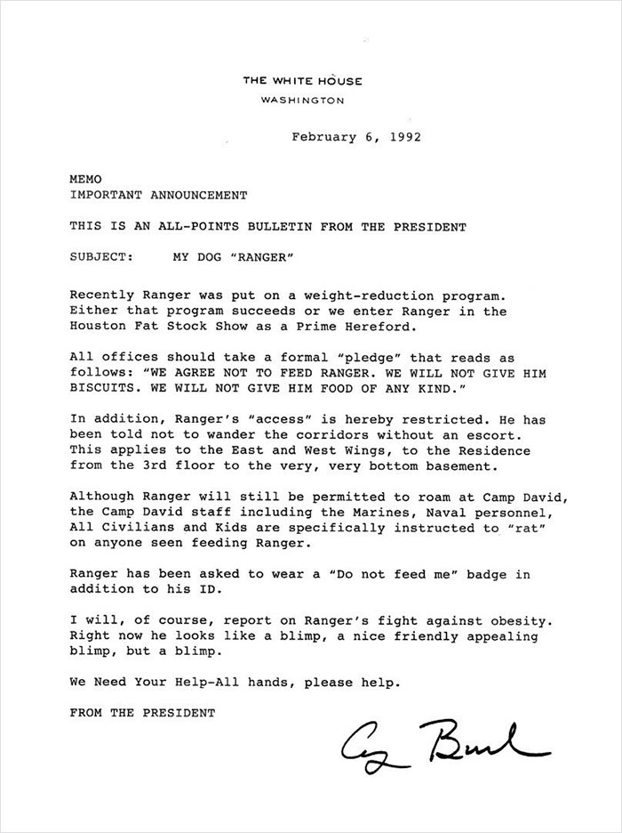 George Bush Sr. Once Wrote This Funny Memo To The White House Staff Regarding His Fat Dog Ranger