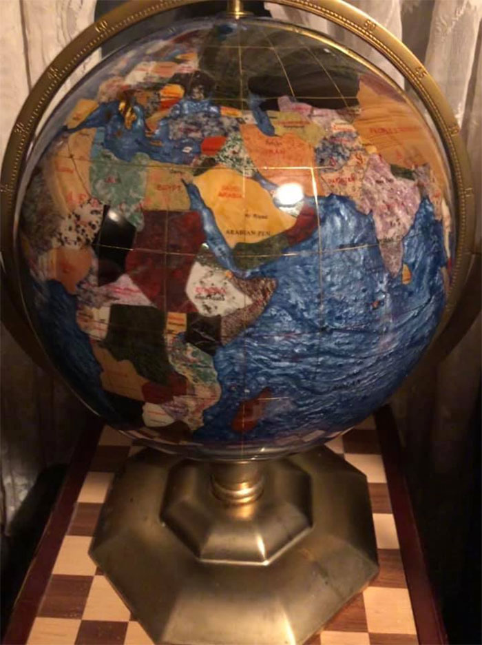 I Rescued This Incredible Globe From The Trash, It’s About 20” Tall And Handcrafted With Semi-Precious Stones And A Brass Base. Not Really That Weird But Definitely Second Hand And Pretty Unusual