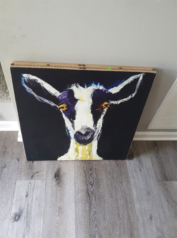 My 6 Year Old Spent Her Allowance On A Hand Painted, Canvas Portrait Of A Goat She Found At The Flea Market. Yes It Came Home. It's Now Hung In Her Room