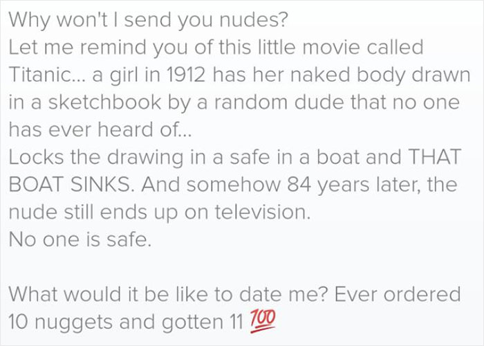 Girl Explains Why She Won't Send Nudes On Tinder, Guy Convinces Her Otherwise