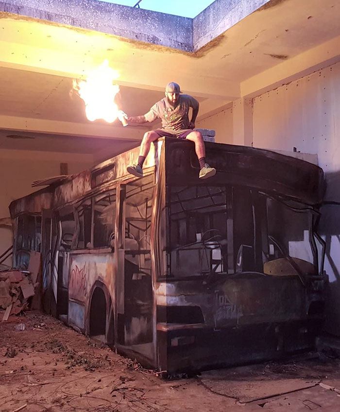 Portuguese Graffiti Artist Turns A Concrete Block Into An Abandoned Bus