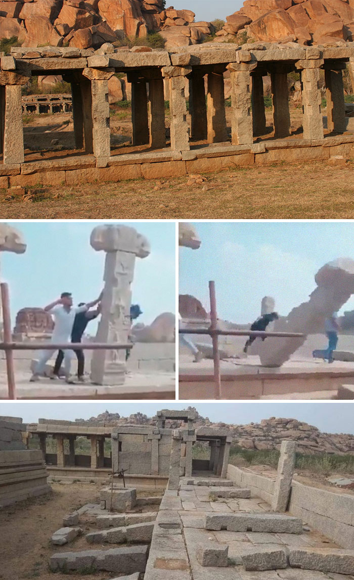 Turistas destruyendo pilares de piedra en un antiguo templo indio