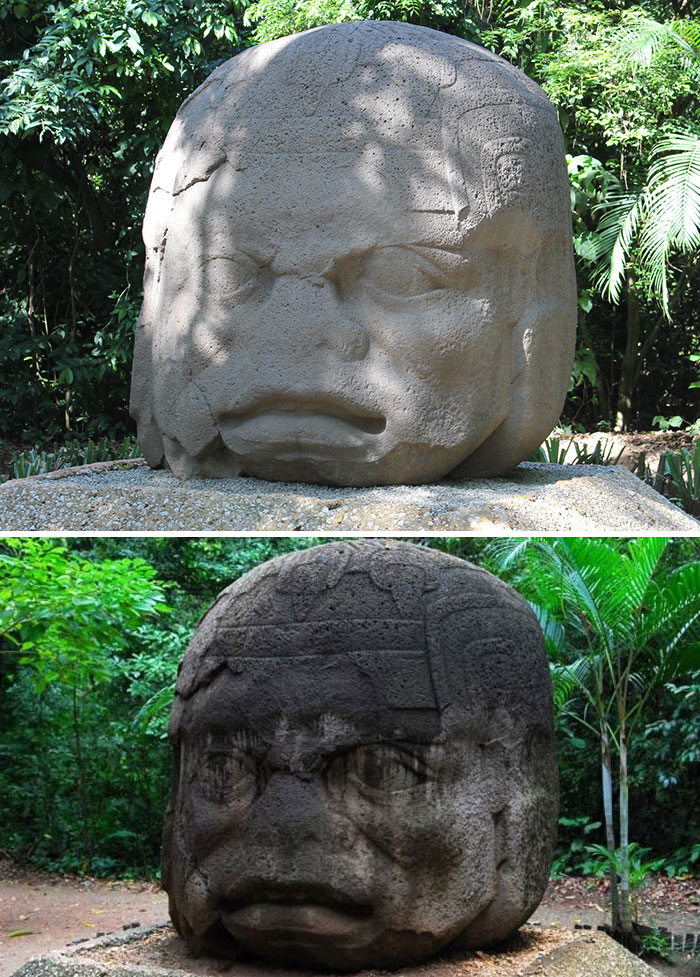 Turistas indonesios vandalizando esculturas olmecas en Tabasco