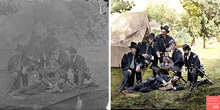 Westover Landing, Virginia. Officers Of 3rd And 4th Pennsylvania Cavalry Illustrating The Hardships Of War. 1862