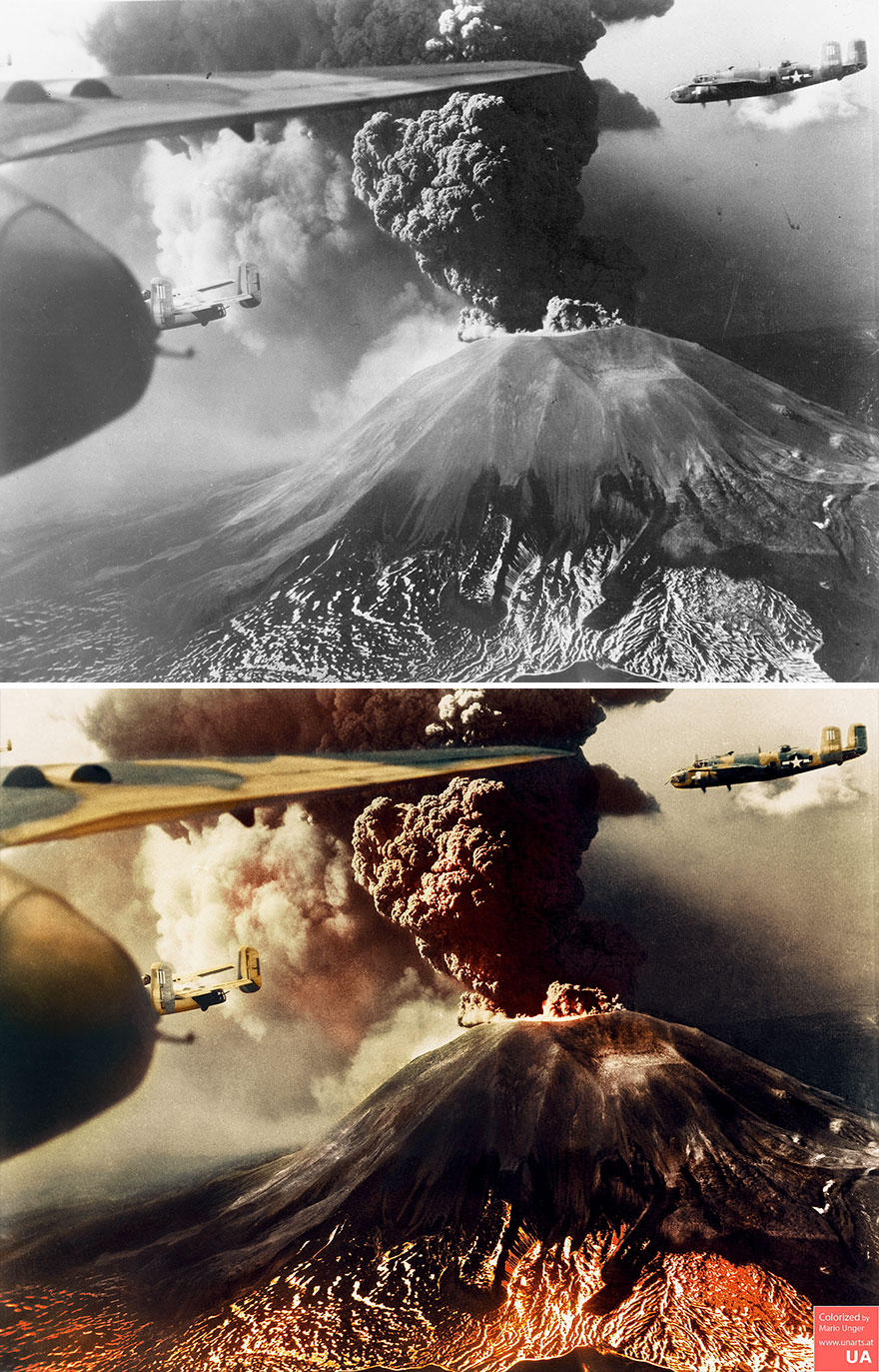 North American B-25s Flies Past Mount Vesuvius Which Erupted On The 18th March 1944, Destroying The Village San Sebastiano & San Giorge, Killing 57