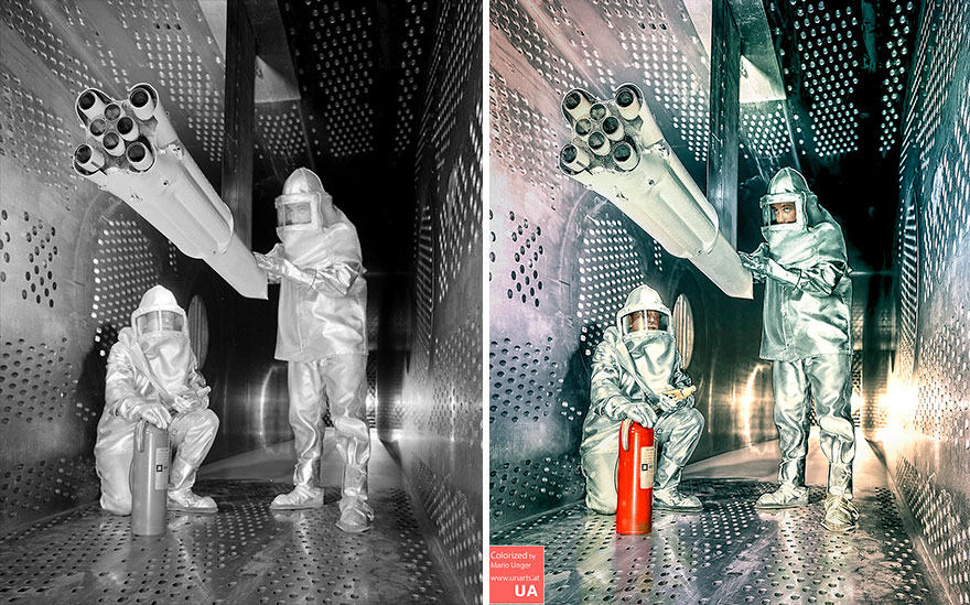 Two Nasa Engineers Test A Scale Model Of A Saturn I Rocket In A Wind Tunnel, 1960s