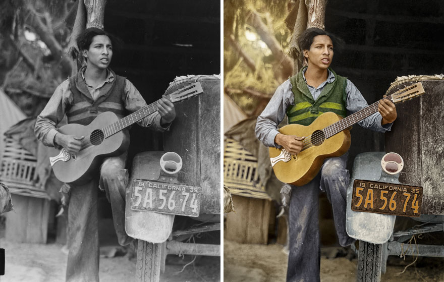 A Young Mexican Farm Worker Plays Guitar And Sings In A Coachella Valley Labor Camp, 1935. Photographer Dorothea Lange, Gelatin Silver Print, Collection Of Oakland Museum Of California