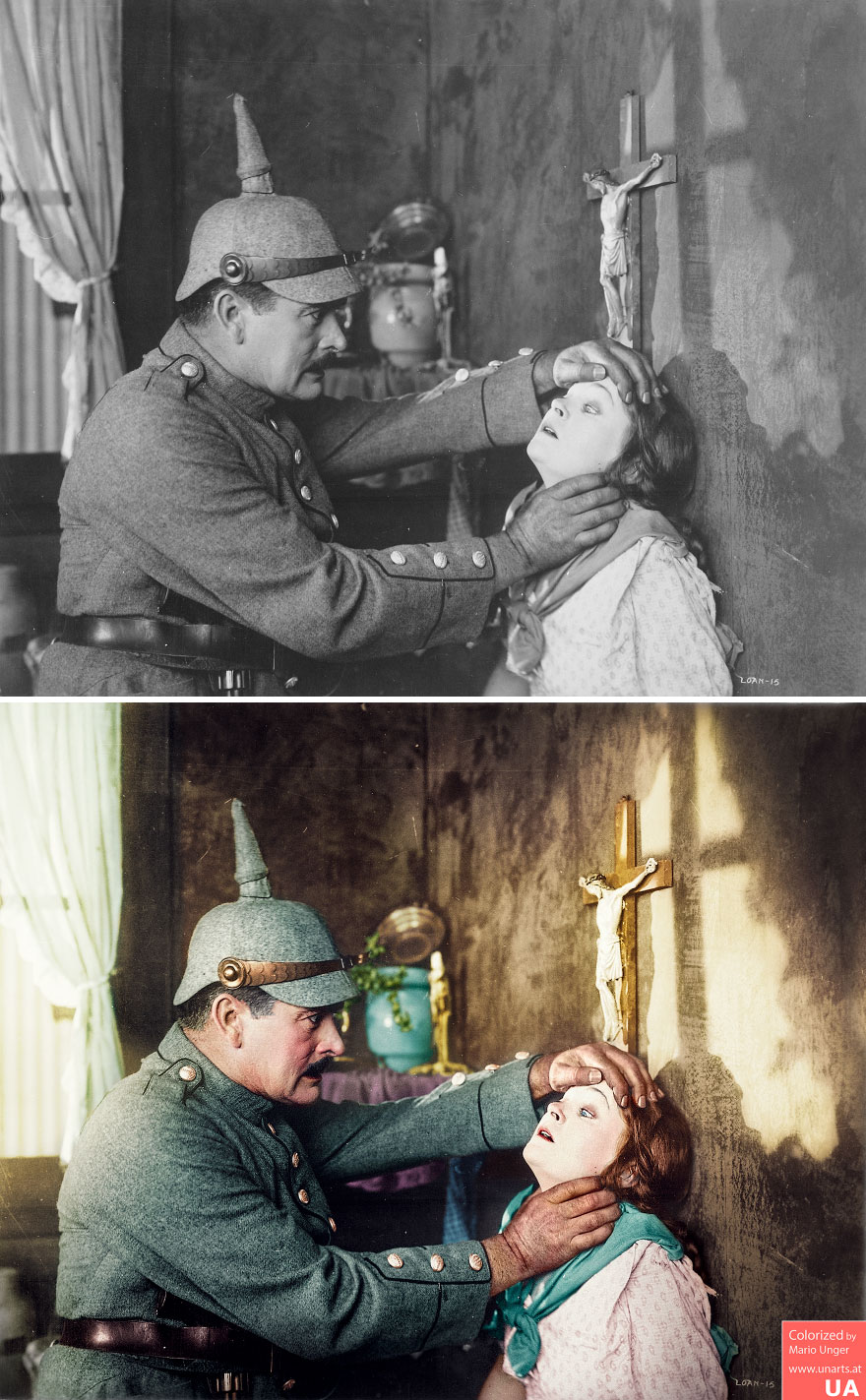 Mae Marsh, As A Belgian Girl, And A.c. Gibbons As A German Soldier, In Goldwyn's All-Star Liberty Loan Picture, Stake Uncle Sam To Play Your Hand, 1918