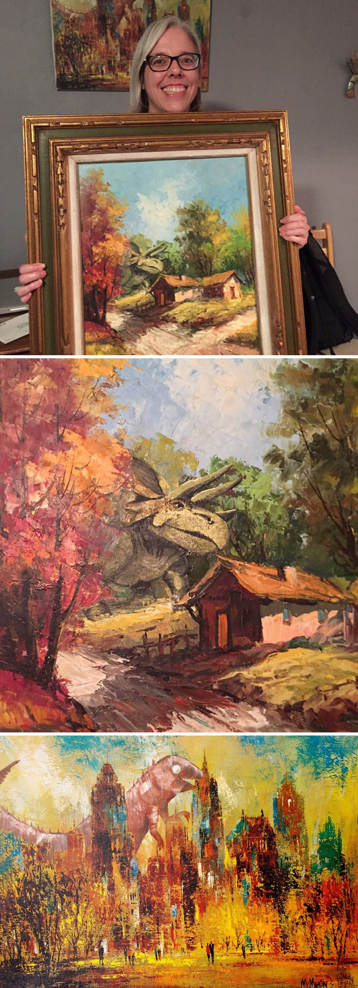 Thrift Store Painting To Which Someone Had Added A Dinosaur