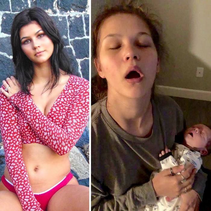 From Sex On The Beach To Dead On Her Feet! This Juxtaposition Almost Makes Me Feel Bad, But The Truth Must Be Told! Also, The Babyâs Mouth Is Wide Open Too Omg
