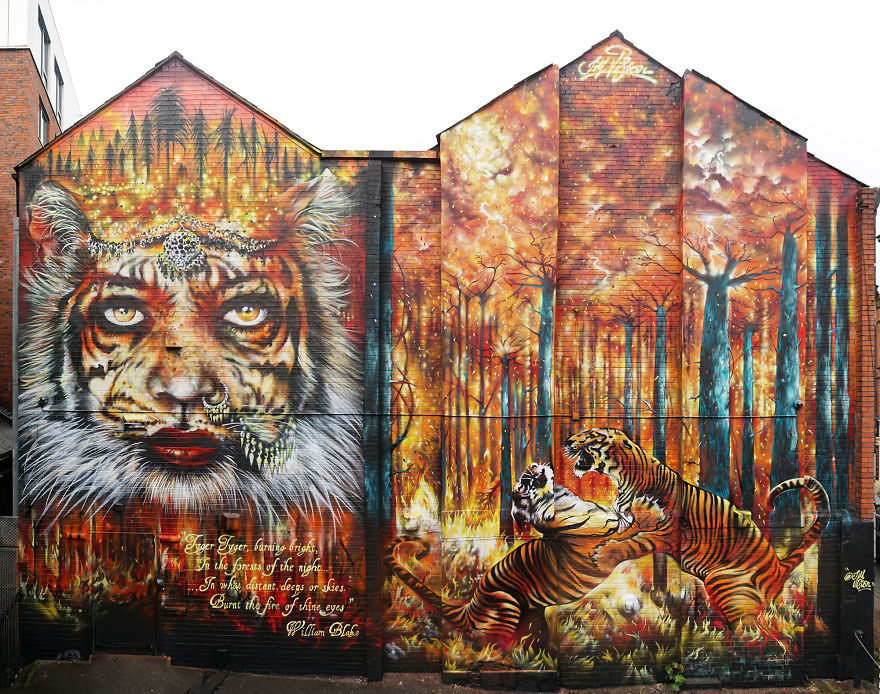 Powerful 'Tyger Tyger Burning Bright' Large Scale Street Art Mural Painted By Jim Vision In Manchester: A Visual Comment On Humanity And The Fierce Power Of The Human Soul