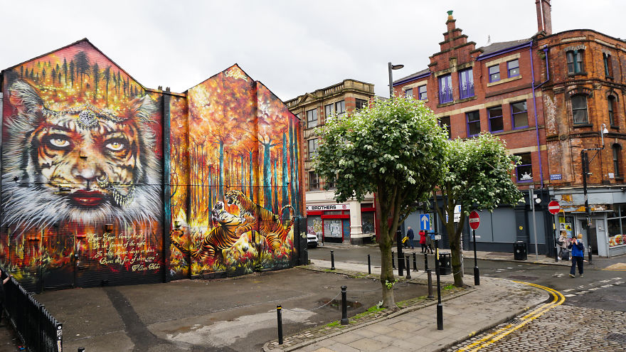 Powerful 'Tyger Tyger Burning Bright' Large Scale Street Art Mural Painted By Jim Vision In Manchester: A Visual Comment On Humanity And The Fierce Power Of The Human Soul
