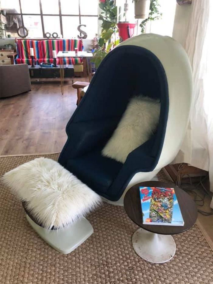 My 1960 Lee West Alpha Egg Chair Sitting In All Its Magnificent Glory In Our Home! It Has Speakers Inside That Still Work Perfectly And Came With Original Ottoman And Side Table!