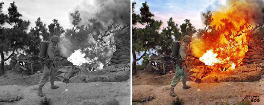 Marine Dwayne L. Boice (Kansas City), 3rd Battalion 5th US Marines, Burns Out A Weapons Emplacement. North Korean Gunpit, Wolmi-Do Island, Inchon, 15 September 1950