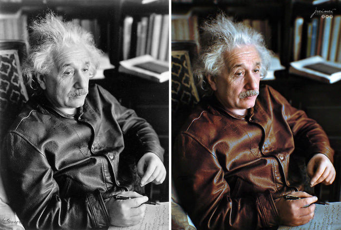 Albert Einstein con su chaqueta de cuero Levi's "Menlo Cossack", 1938