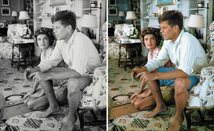 La pareja de recién comprometidos, el senador John F. Kennedy y Jacqueline Bouvier, relajándose en la casa de la familia Kennedy en Hyannis Port en Cape Cod, Massachusetts, el 4 de julio de 1953