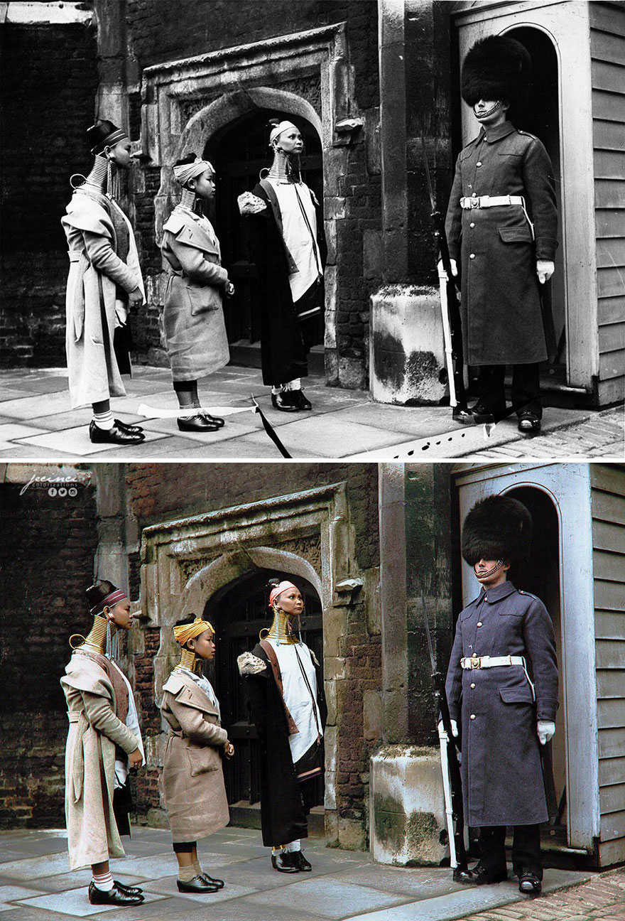 Giraffe Women Looking At A Guard, Posted At St. James's Palace 16th Century Main Gate, During Their Visit In London, 1935