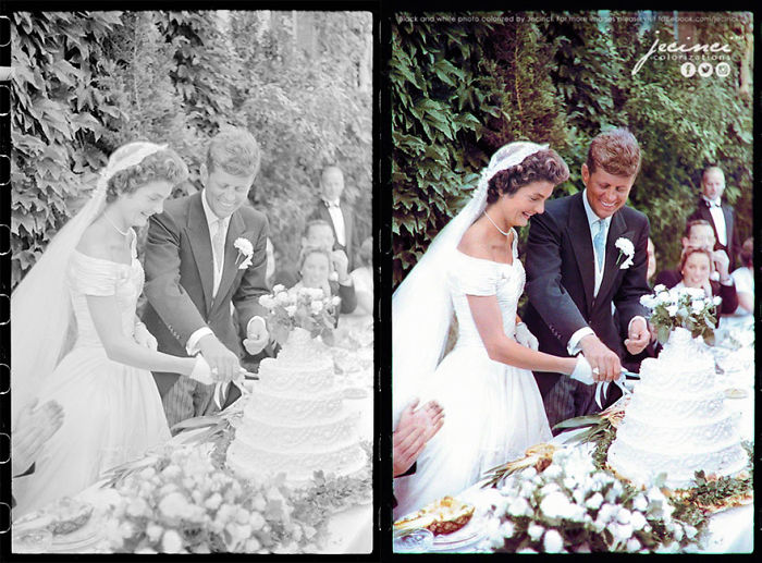 Jackie Bouvier Kennedy y John F. Kennedy cortando el pastel en su boda, 12 de septiembre de 1953, Newport, Rhode Island