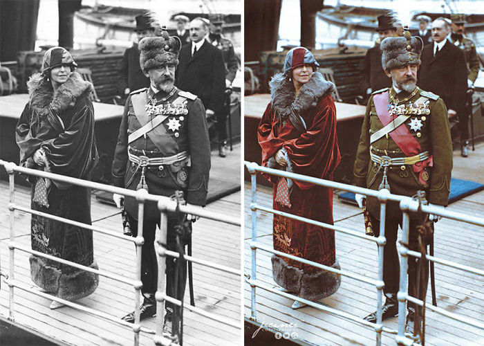 El rey Fernando y la reina María de Rumanía llegan a Dover, Reino Unido, para una visita de Estado, 12 de mayo de 1924