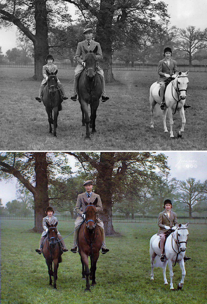 El rey Jorge VI cabalgando con sus hijas la princesa Isabel (más tarde la reina Isabel II) y la princesa Margarita en Windsor Great Park, 21 de abril de 1939