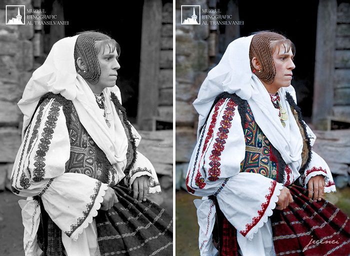 Mujer rumana con traje tradicional de principios del siglo XX