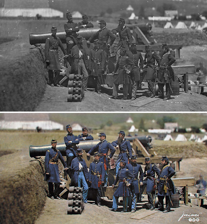 Guerra Civil de EE.UU. - Oficiales del 69º Regimiento de Voluntarios de Nueva York posan con un cañón en Fort Corcoran - Coronel Michael Corcoran en el extremo izquierdo, 1861