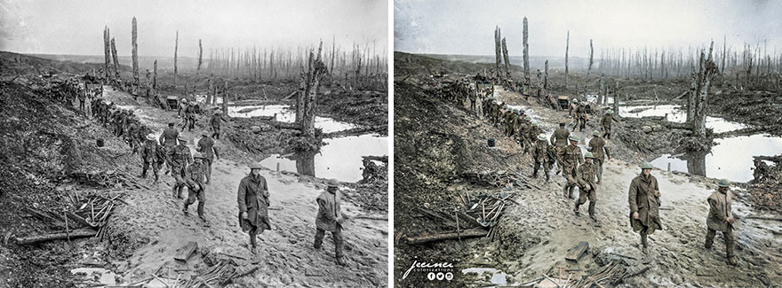WW1, Corbie Albert Area, France, 1916 - British Army Soldiers Moving In Devastated, Wet And Muddy Conditions On The Somme Front At Ancre
