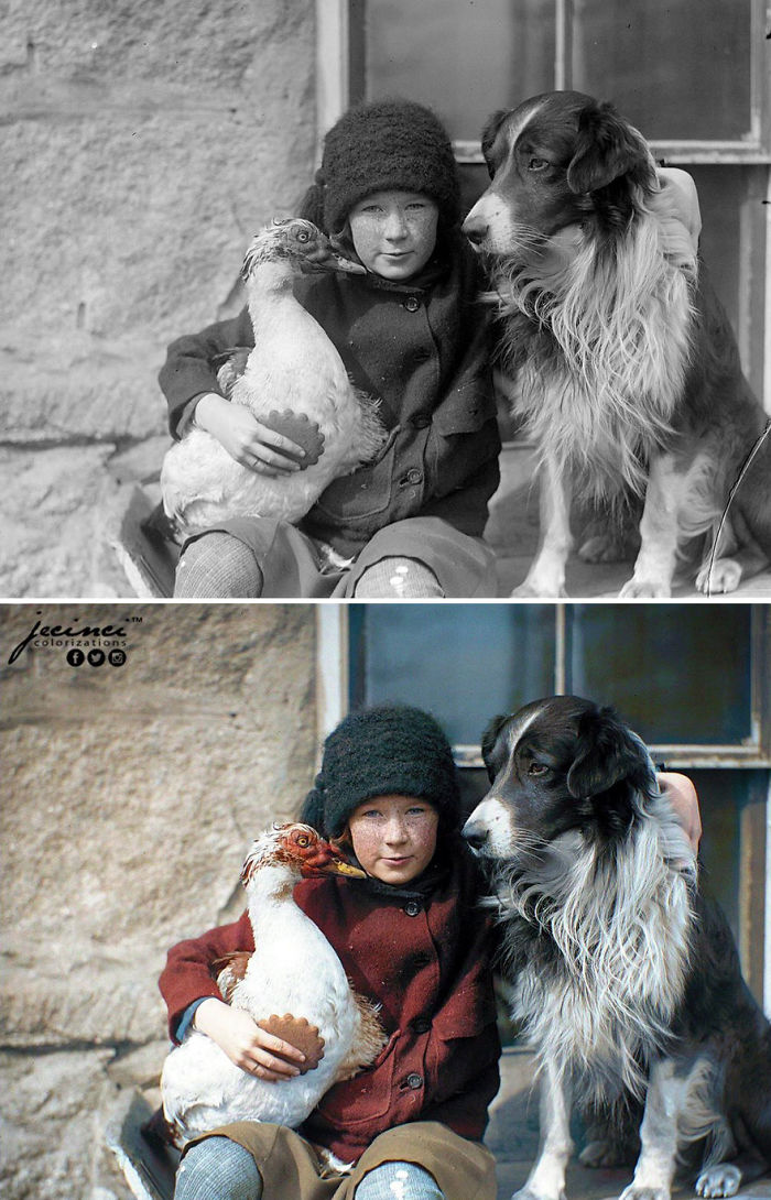 Chica con un pájaro y un perro, Boston, Massachusetts, EE.UU., años 20