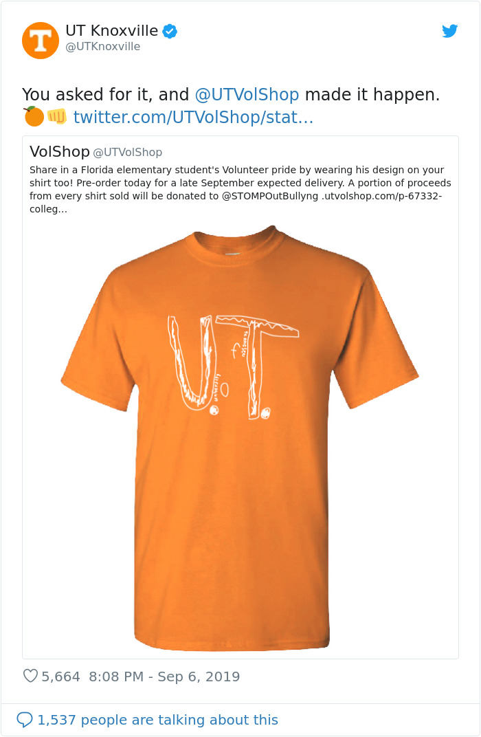 Kid Gets Bullied For His Homemade T-Shirt Design, The University Of Tennessee Responds By Turning It Into Their Official Merch
