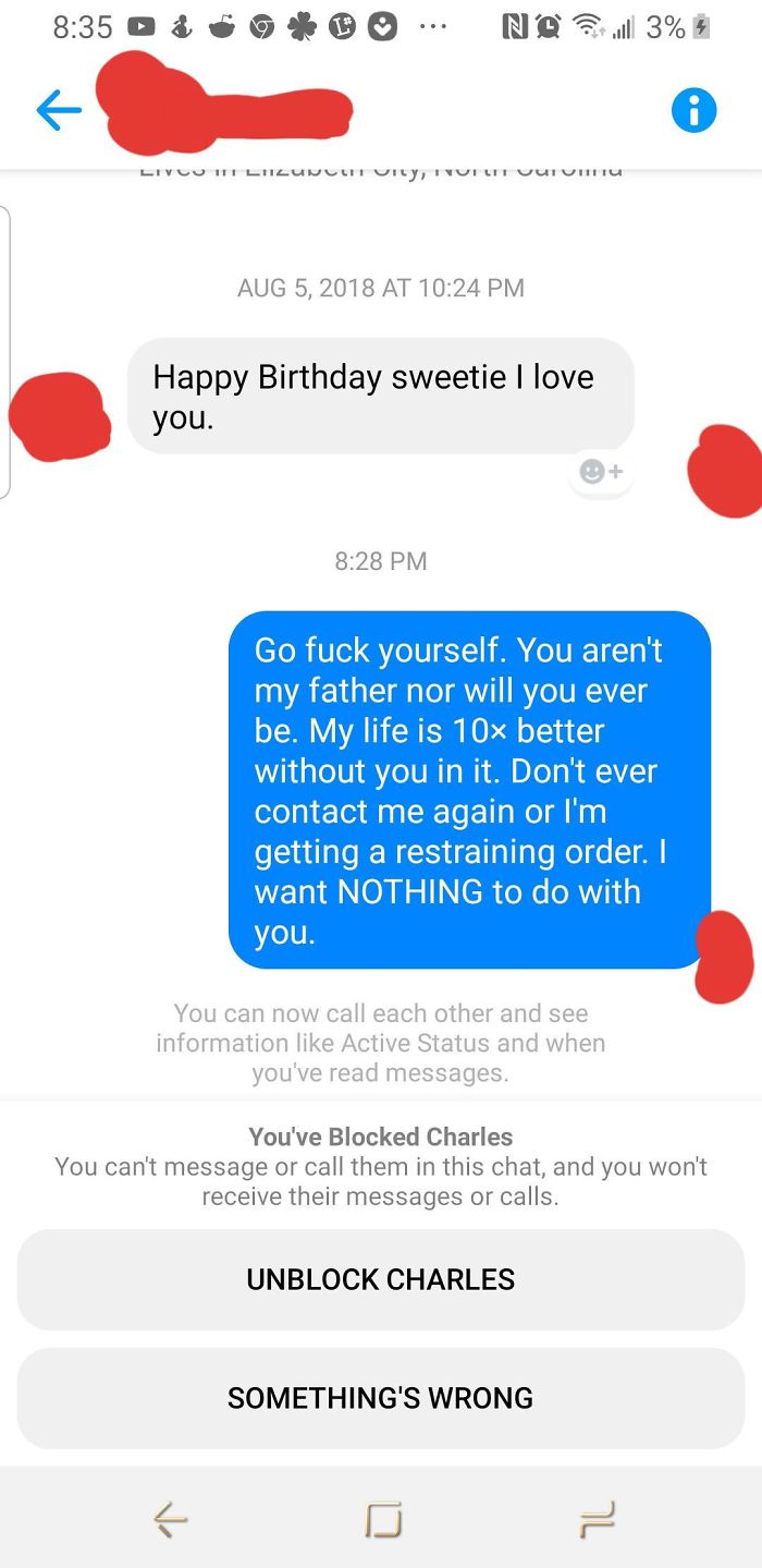 My Biological Father Who, Assaulted Me A 5-8 Y/O Keeps Making Facebook Accounts To Message Me