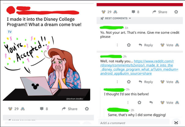 Person Brags They Got Into Disney But Uses Stolen Art