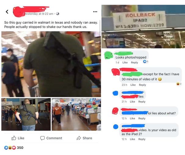 Man Tries To Say He Open Carried In Walmart Following The Recent Shootings; Forgets To Crop Out Background