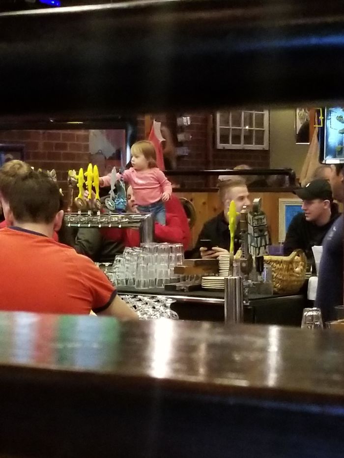 Nothing Screams Parenting Win Like Letting Your Kid Stand On The Bar And Play With The Taps For A Half Hour