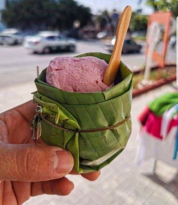 An Ice Cream Cup Made Of Banana Leaves
