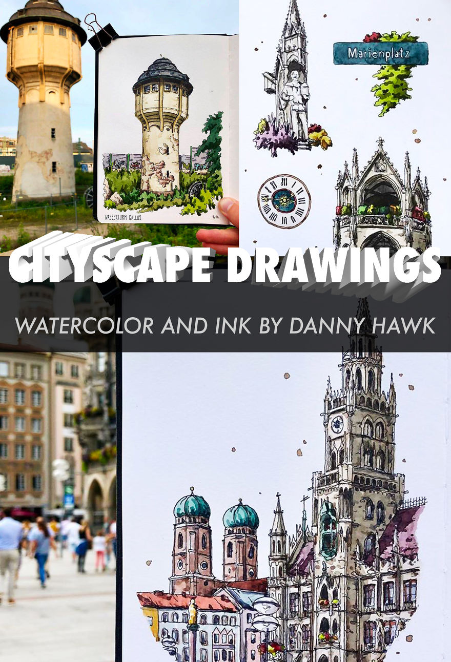 15 Image - Cityscape Drawings With Watercolor And Ink By Danny Hawk