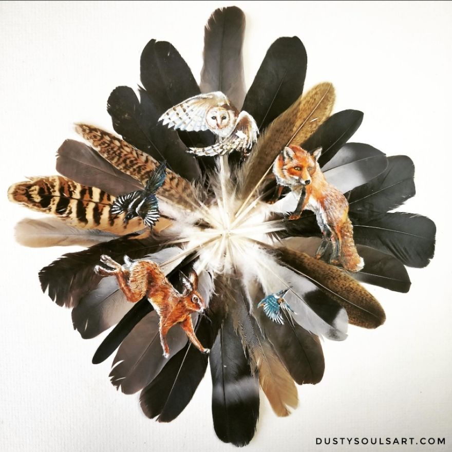 UK Feather Artist Paints On Circles Of Feathers. 9 Photos