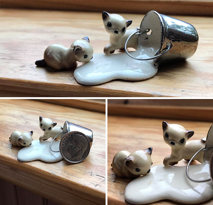 Went Through A Box I Inherited Of My Grandparents Knick-Knacks And Came Across This Beautiful Gem. Tiny Little Ceramic Kittys Drinking And Playing In Spilled Milk
