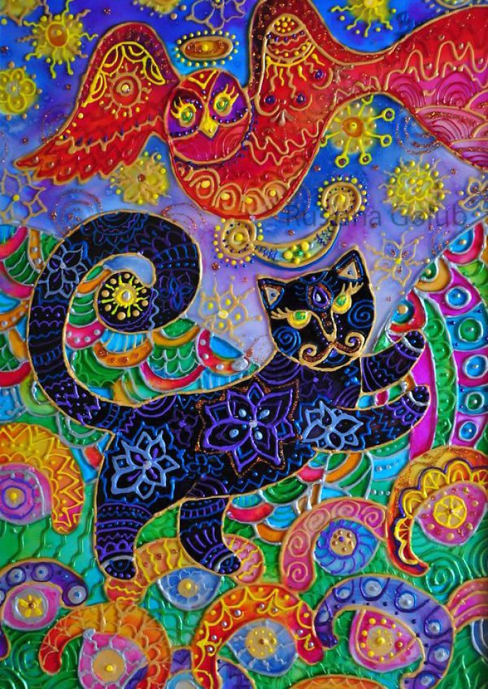 Cat Art. Stained Glass Painting By Ruslana Golub