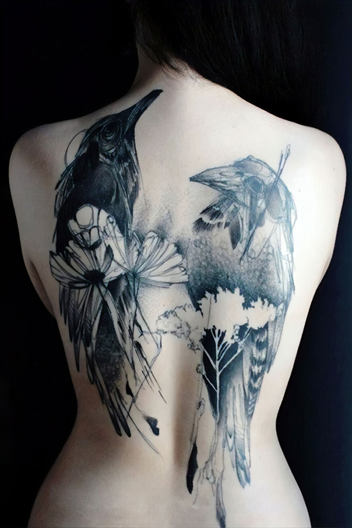 Artsy Back Tattoo With Crows