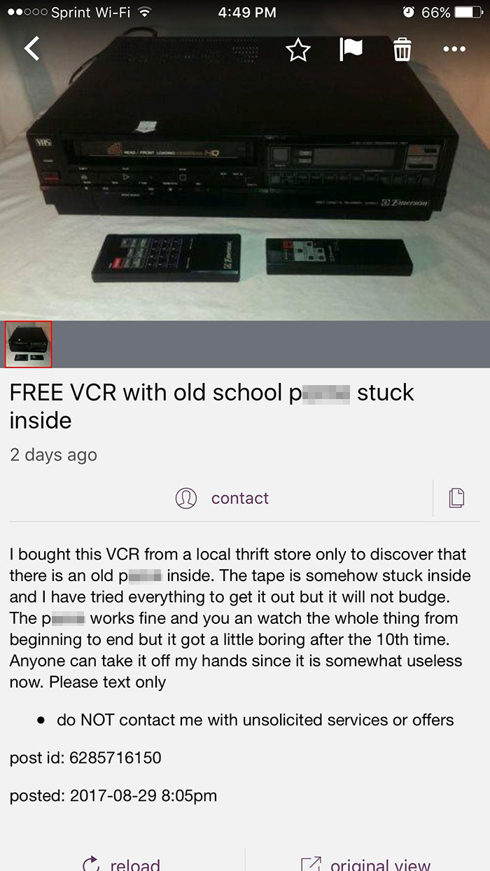 Craigslist Ad: "Free Vcr With Old School P***o Stuck Inside"