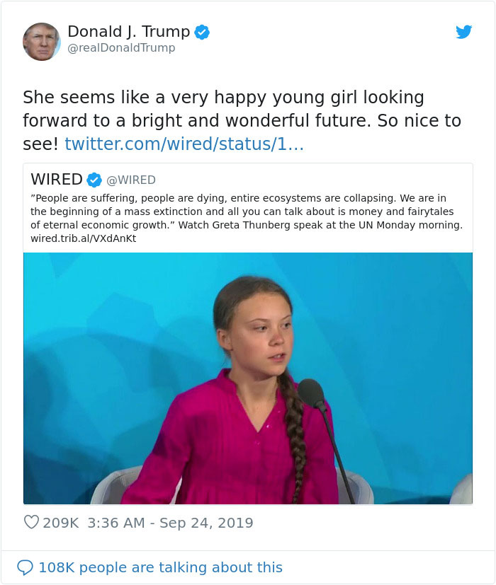 Trump Mocks Greta Thunberg's Speech, She Shades Him In Her Twitter Bio