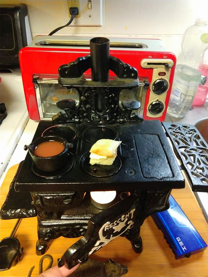 My 10 Year Old Son And I Found This Tiny Cast Iron Stove Last Week At An Antique Store And I Let Him Cook A Tiny Grilled Cheese Sandwich And Tomato Soup On It! It Worked!