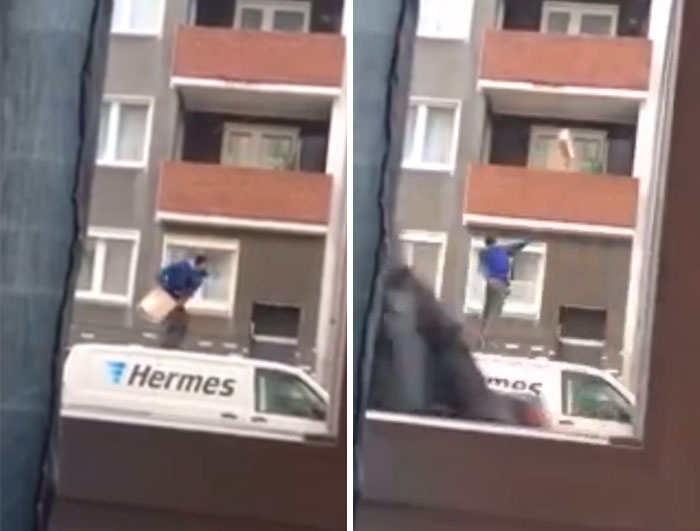 Repartidor lanzando un paquete por el balcón