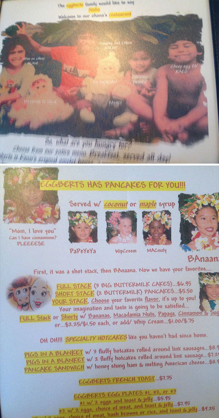 This Restaurant's Menu Has Pictures Of Their Kids Everywhere And Misspellings That I Can't Understand For The Life Of Me