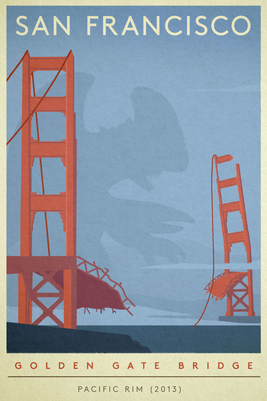 We Created Vintage-Style Travel Posters For Iconic Landmarks Destroyed By Movie Monsters