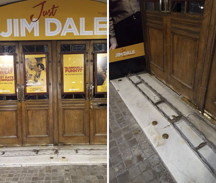 Tonight, We Noticed A Theatre Had These Removable Anti-Homeless Spikes In Their Doorway
