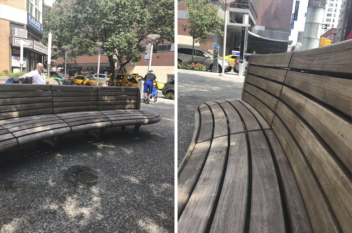 Hostile Architecture By Madison Square Park: Benches Built At An Incline, Rendering Sleep For Houseless People Impossible