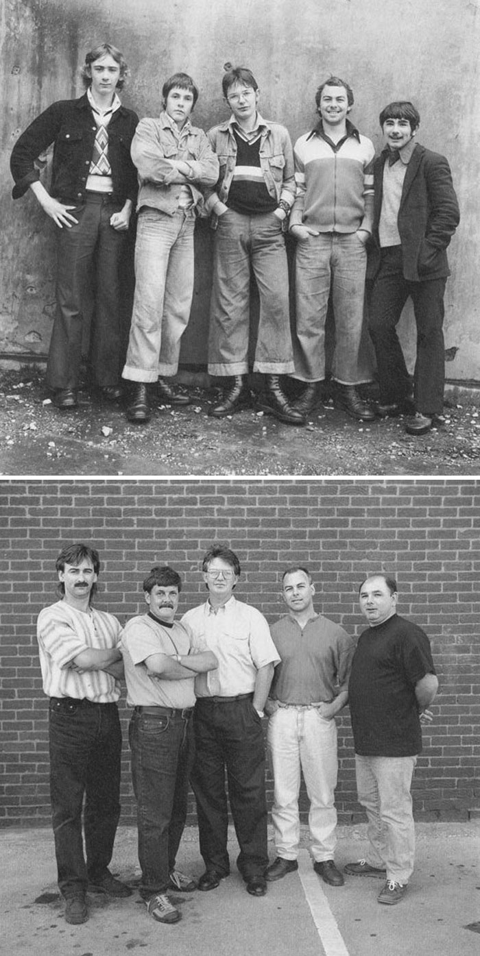 Left To Right: Brian Morgan, Martin Tebay, Paul Mcmillan, Phil Tickle, Mike Comish, 1974 And 1995
