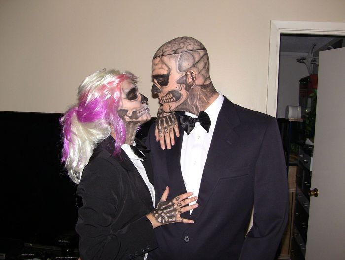 My Girlfriend's Awesome Makeup Job. Us Dressed Up As Zombie Boy/Lady Gaga For Halloween