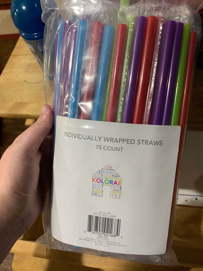 “We Want Less Plastic” Plastic Straws Individually Wrapped In Plastic Then Put In A Plastic Bag